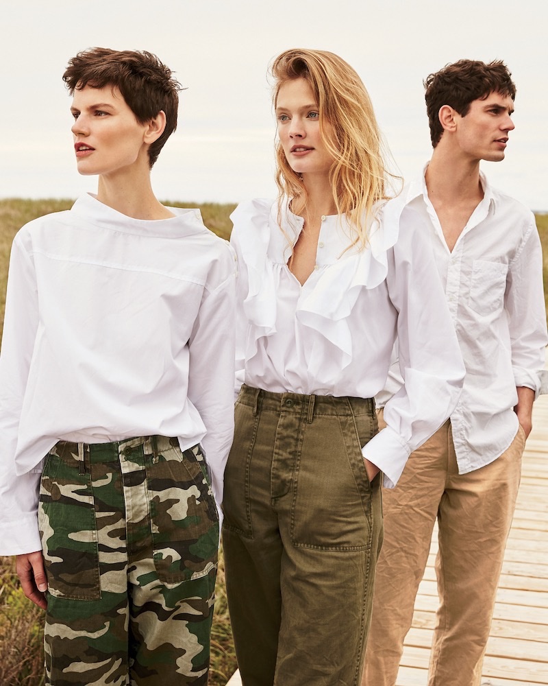 (Left) J. Crew Funnelneck Shirt and Camouflage Foundry Pant (Right) J. Crew Ruffle-Front White Shirt and The 2011 Foundry Pant