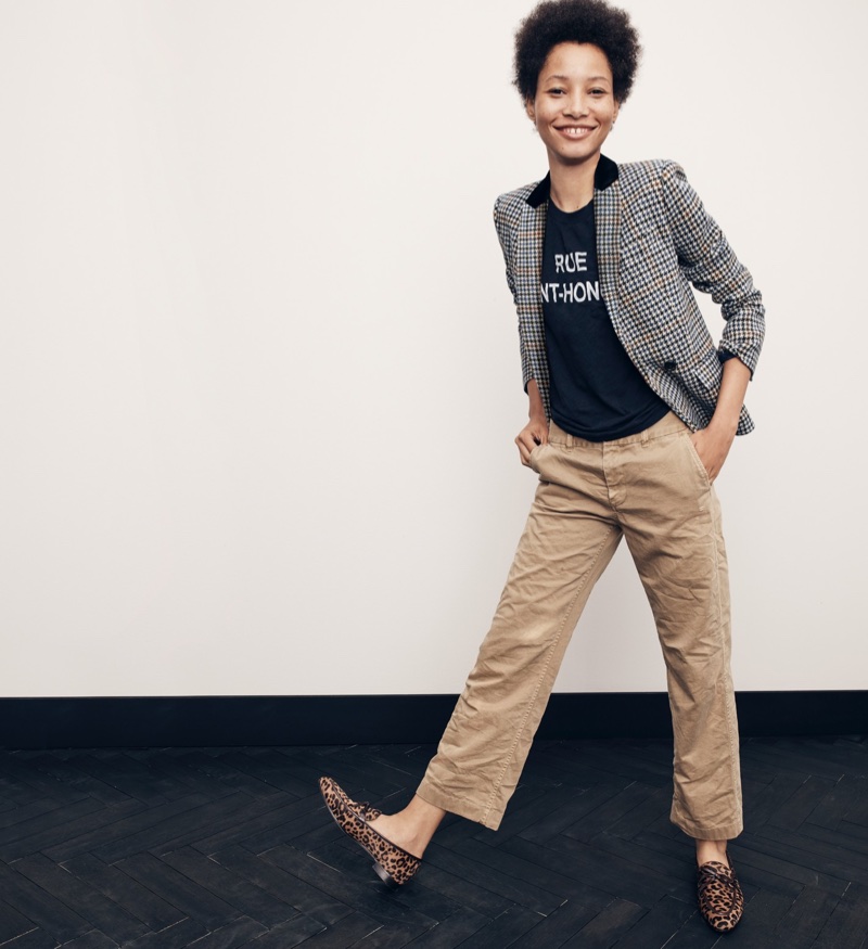 J. Crew Dover Blazer in Houndstooth Wool, Rue Saint-Honoré Graphic T-Shirt, Boyfriend Chino Pant and Academy Loafers in Calf Hair