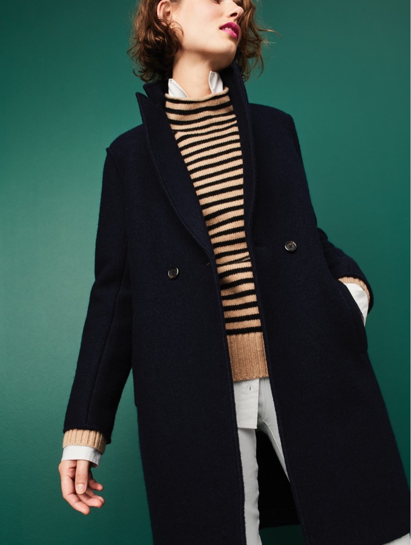 J. Crew Daphne Topcoat in Boiled Wool, Thomas Mason for J. Crew Boy Shirt, The 1999 Striped Funnelneck Sweater in Merino Wool and 9" High-Rise Toothpick Jean in White