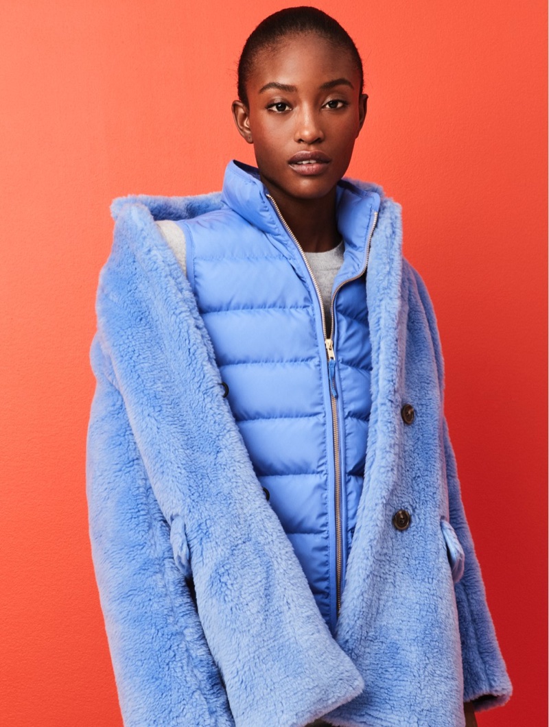 J. Crew The Teddy Coat in Plush Fleece, Mountain Puffer Vest and Everyday Cashmere Crewneck Sweater