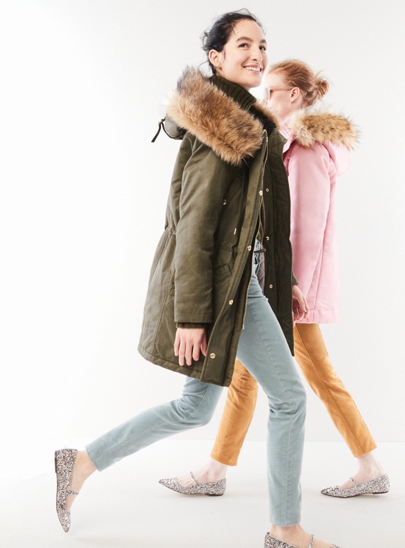 (Left) J. Crew Perfect Winter Parka, Ribbed Turtleneck in Italian Cashmere and 9" High-Rise Toothpick Corduroy Pant (Right) J. Crew Pink Parka with Quilted Lining and Maddie Pant in Chino