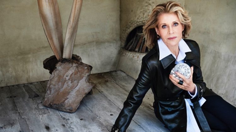 Jane Fonda poses in Louis Vuitton trench coat, Thom Browne shirt and Max Mara pants