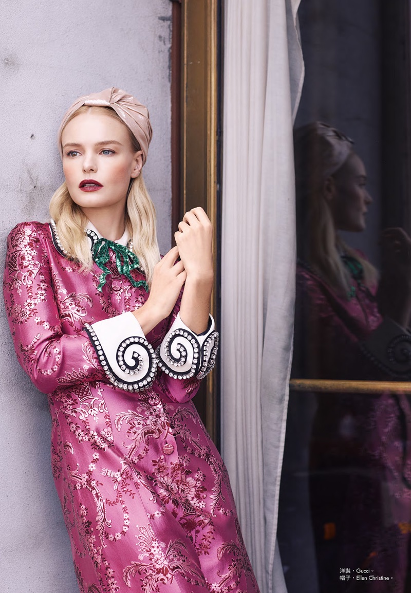 Actress Kate Bosworth poses in pink Gucci dress