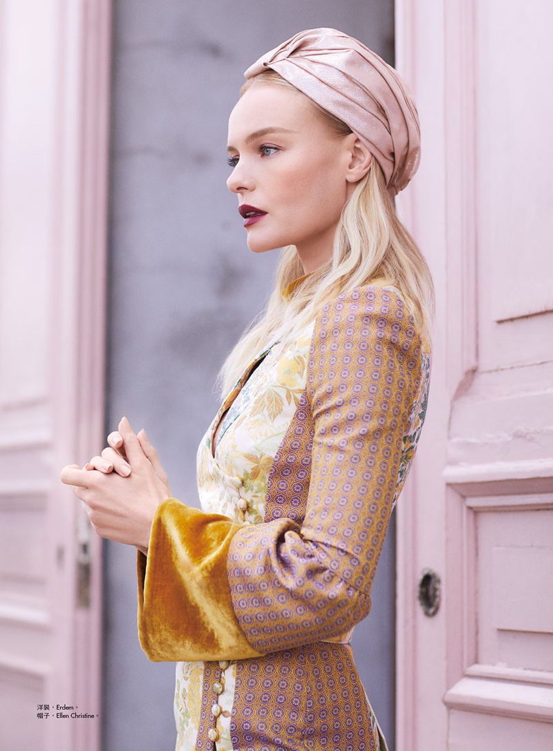 Actress Kate Bosworth wears Erdem dress with Ellen Christine turban