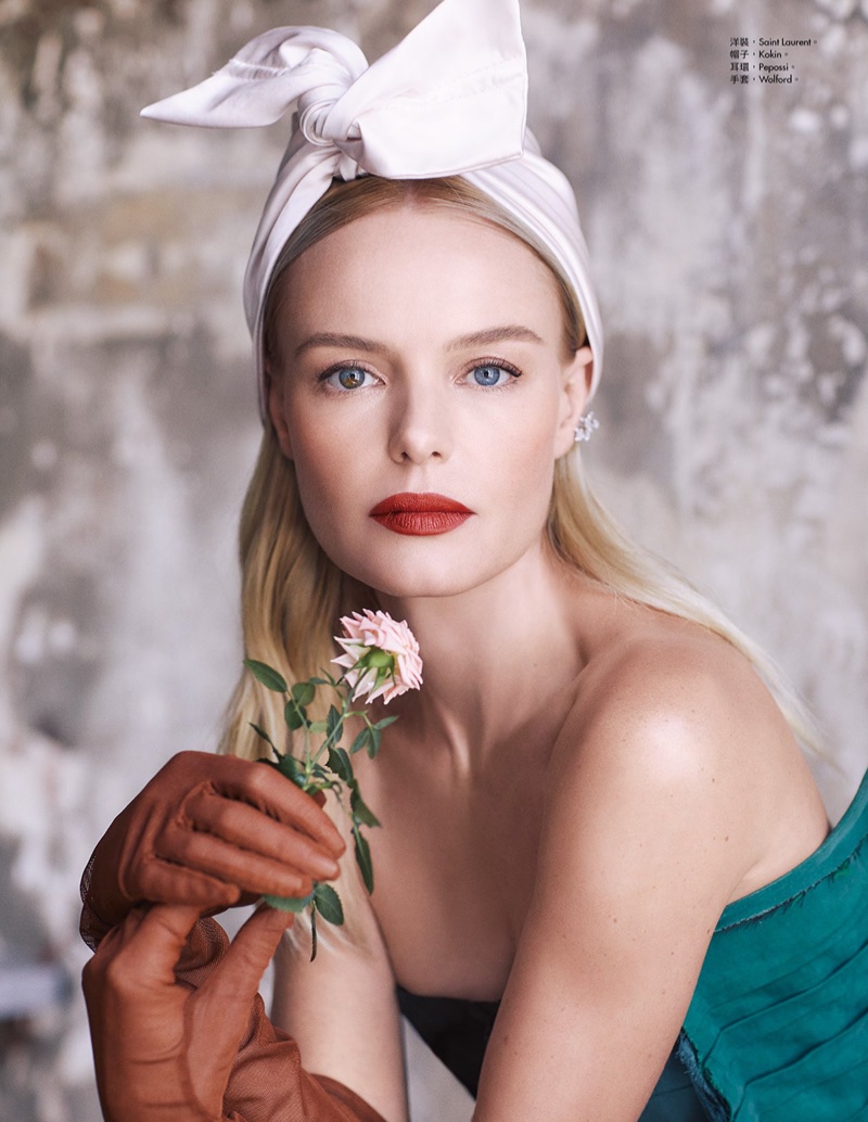 Ready for her closeup, Kate Bosworth poses in Saint Laurent strapless dress