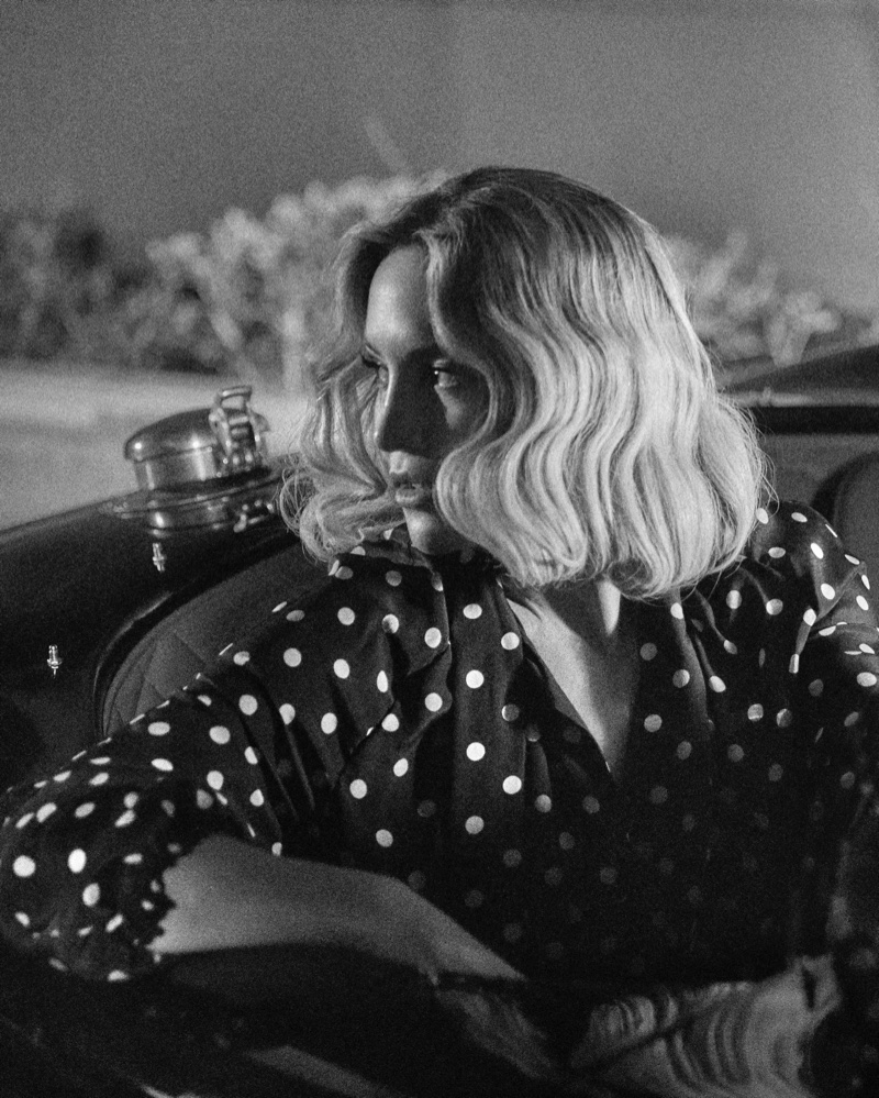 Captured in black and white, Kate Hudson wears Balenciaga polka dot blouse