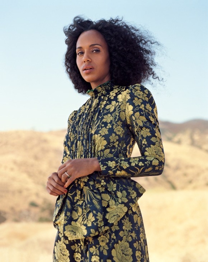 Kerry Washington poses in Gucci jacquard dress