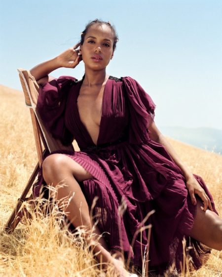 Kerry Washington Wears Understated Beauty Looks in Allure Flaunting some leg, Kerry Washington wears Prabal Gurung silk chiffon top and skirt