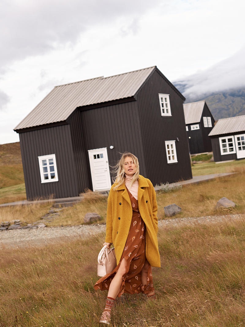 Madewell Bouclé Double-Breasted Coat, Boxy Turtleneck Top, Silk Nightflower Dress in Peacock Feathers and The Montreal Satchel Bag