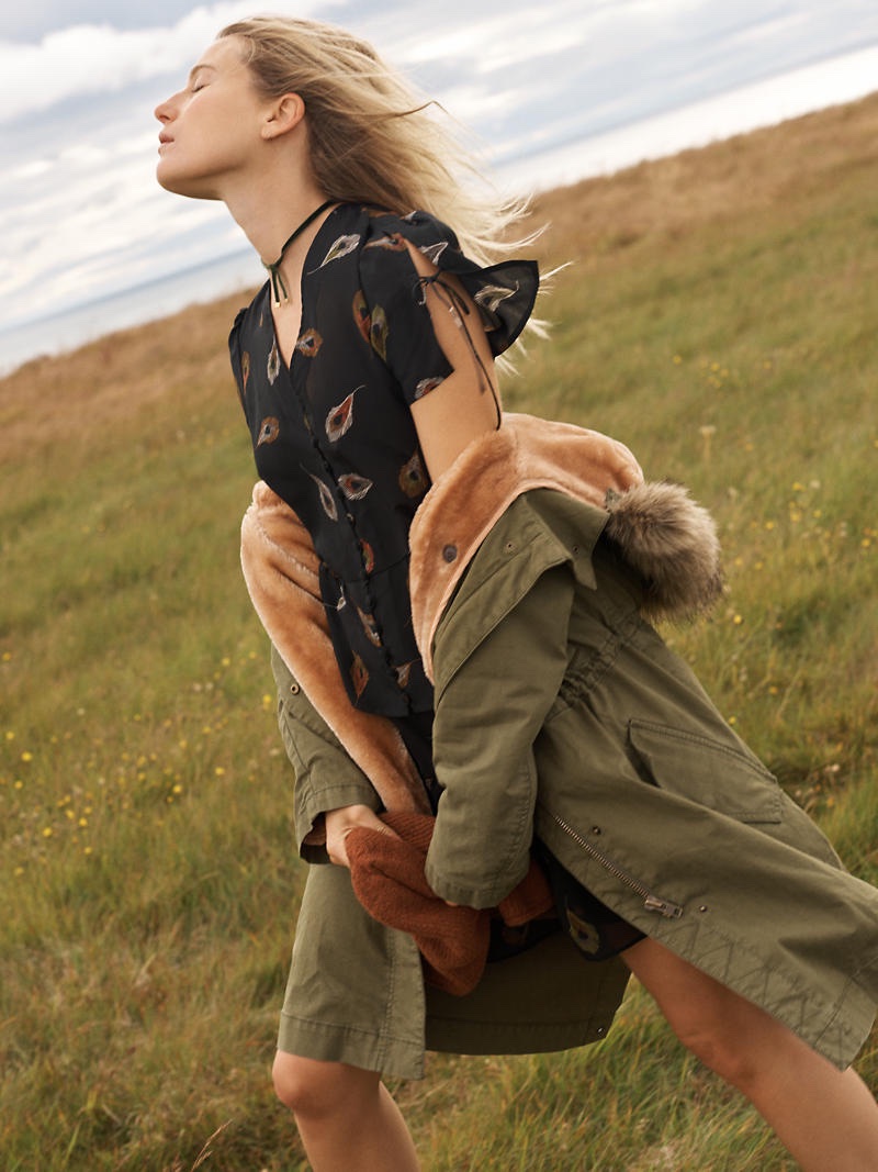 Madewell Bedford Fishtail Parka, Silk Belle Top in Peacock Feathers, Ruffle-Edge Skirt in Peacock Feathers and Velvet Layered Choker Necklace