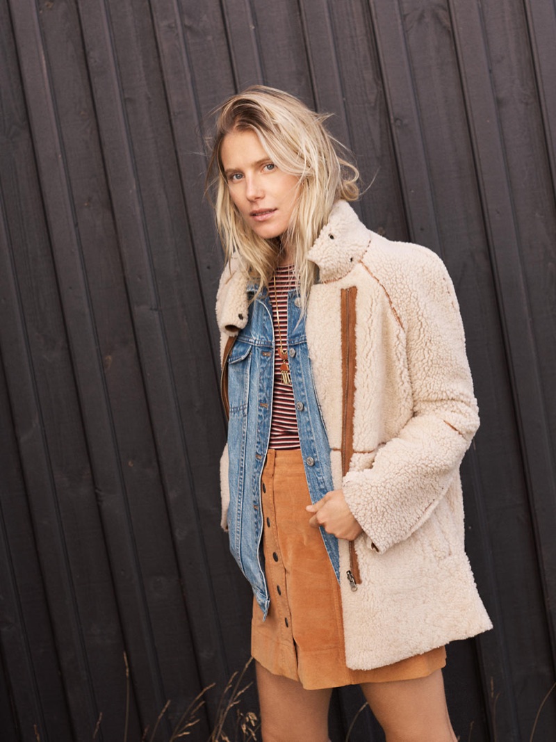 Madewell Reversible Shearling Jacket, The Oversized Jean Jacket in Capstone Wash, Long-Sleeve Crewneck Bodysuit in Stripe, Velveteen Metropolis Snap Skirt and Concept Pendant Necklace