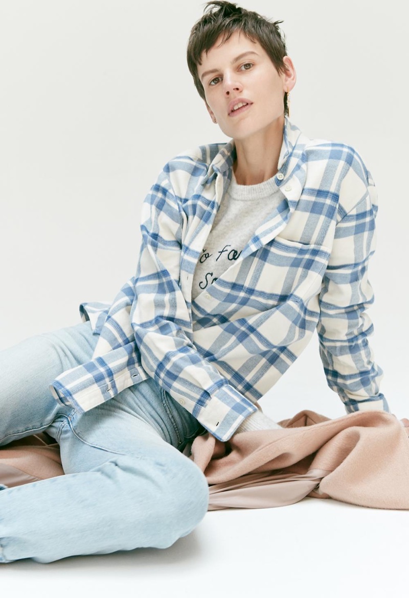 Madewell Oversized Ex-Boyfriend Shirt in Akiva Plaid, Embroidered So Far So Good Pullover Sweater, The Perfect Summer Jean and Atlas Cocoon Coat in Avalon Pink