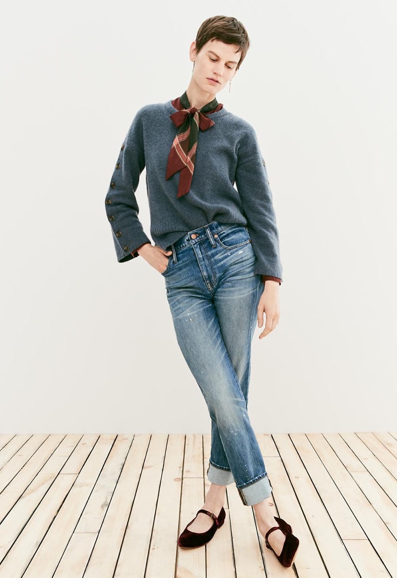 Madewell Button-Sleeve Pullover Sweater, Plaid Tie-Neck Shirt, The High-Rise Slim Boyjean: Painter Edition and The Coralie Mary Jane Flat