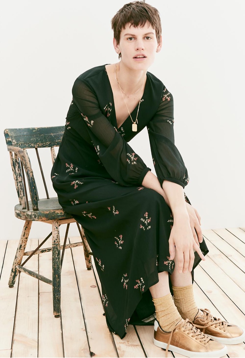 Madewell Nightflower Maxi Dress in Wild Botanic, Treasure Pendant Necklace Set and Veja Esplar Low Sneakers in Metallic Bronze