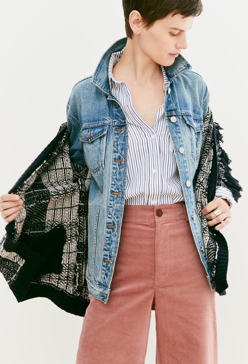 Madewell Plaid Fringe Cardigan Sweater, The Oversized Jean Jacket in Capstone Wash, Classic Ex-Boyfriend Shirt in Stripe-Mix and Velveteen Langford Wide-Leg Crop Pants