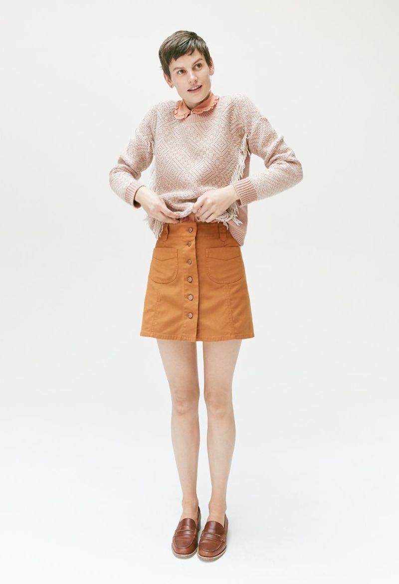 Madewell Reverse-Diamond Pullover Sweater, Silk Ruffle Blouse, Garment-Dyed Patch-Pocket Skirt and The Elinor Loafer in Leather