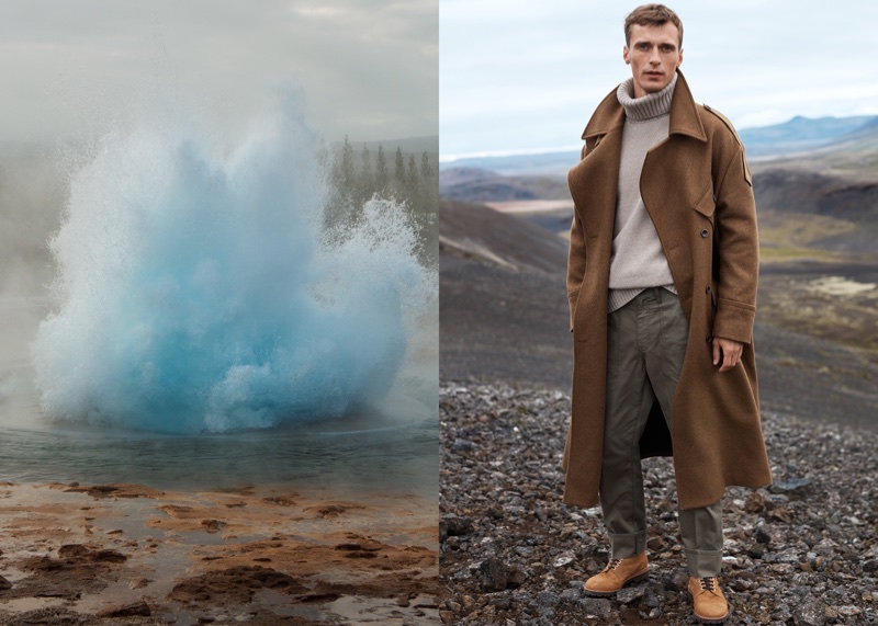 Clement Chabernaud poses in Iceland for Mango Committed's fall-winter 2017 campaign