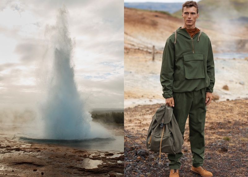 Clement Chabernaud poses in hooded sweatshirt from Mango Committed’s fall-winter 2017 collection