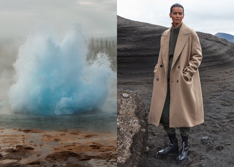 Liya Kebede poses in taupe coat for Mango Committed’s fall-winter 2017 campaign