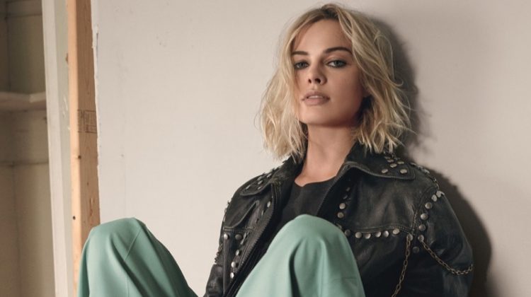 Margot Robbie poses in Gucci leather jacket, Zadig & Voltaire shirt, Chloe pants and Converse sneakers