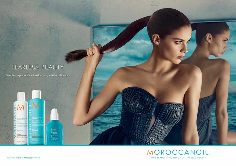 Sara Sampaio wears a sleek ponytail in Moroccanoil campaign