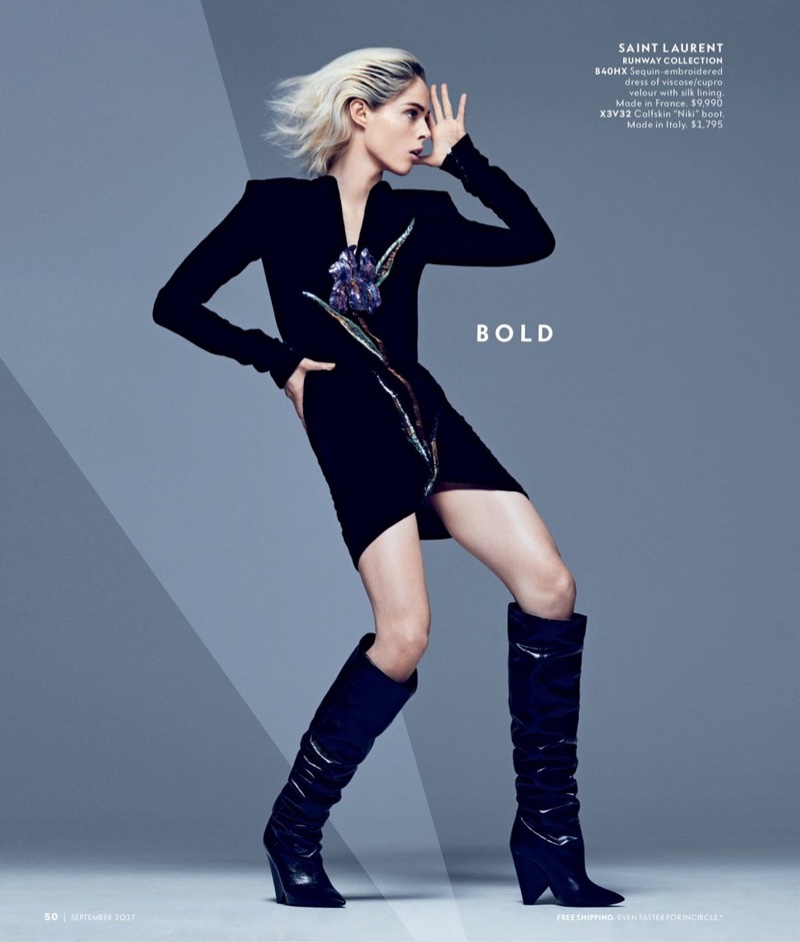 Coco Rocha strikes a pose in Saint Laurent sequin-embroidered dress and leather boots