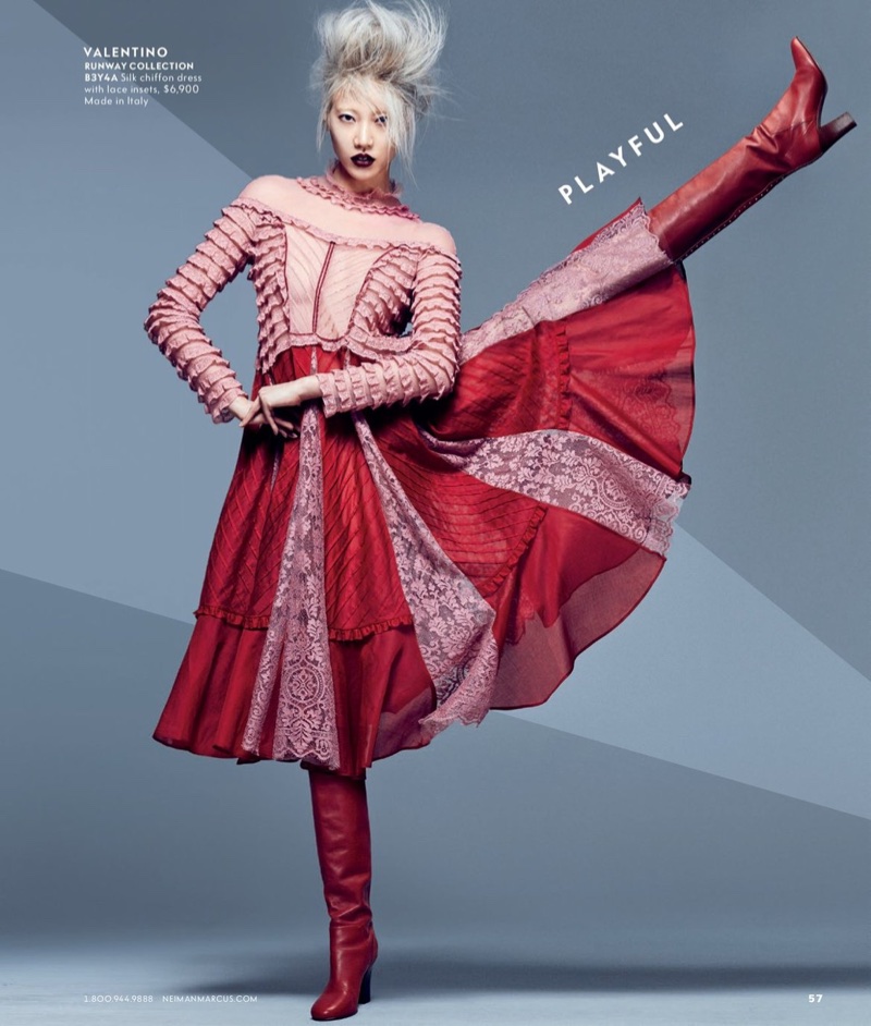 Soo Joo Park kicks up her heels in Valentino silk chiffon dress with lace inserts