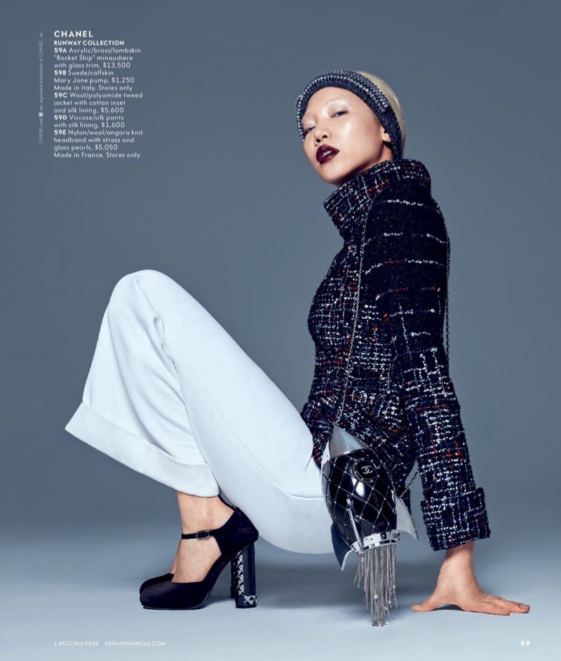 Soo Joo Park models Chanel tweed jacket, pants and Mary Jane pumps