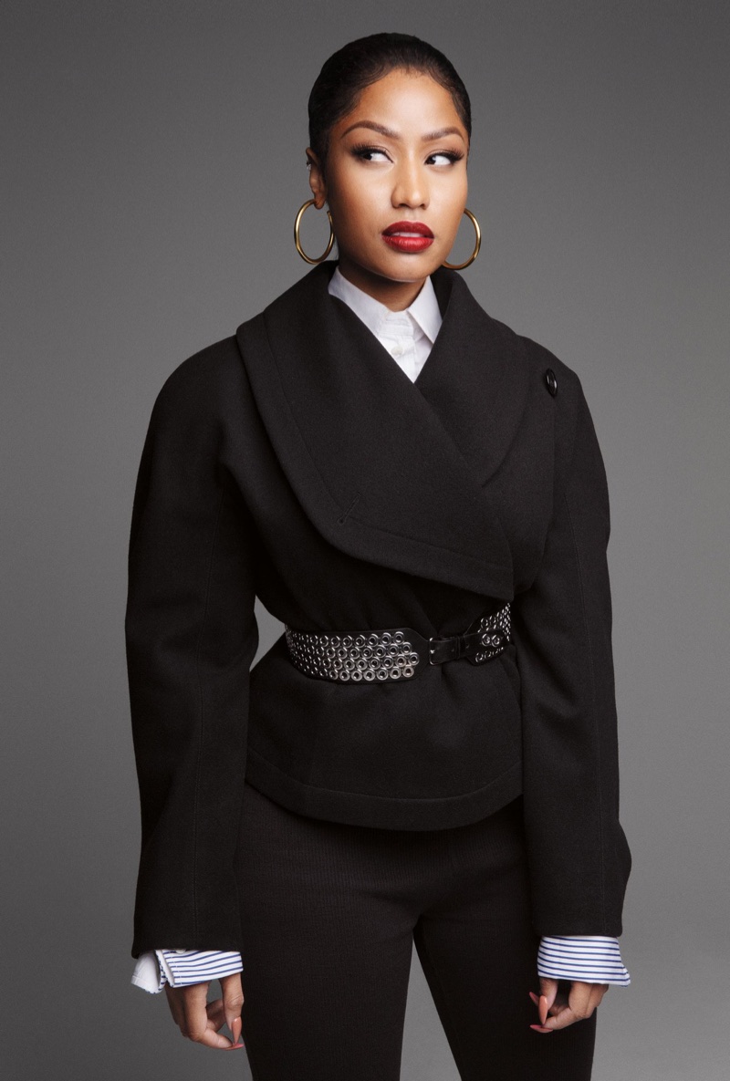 Rapper Nicki Minaj wears vintage Alaïa jacket, Louis Vuitton shirt and Sophie Buhal