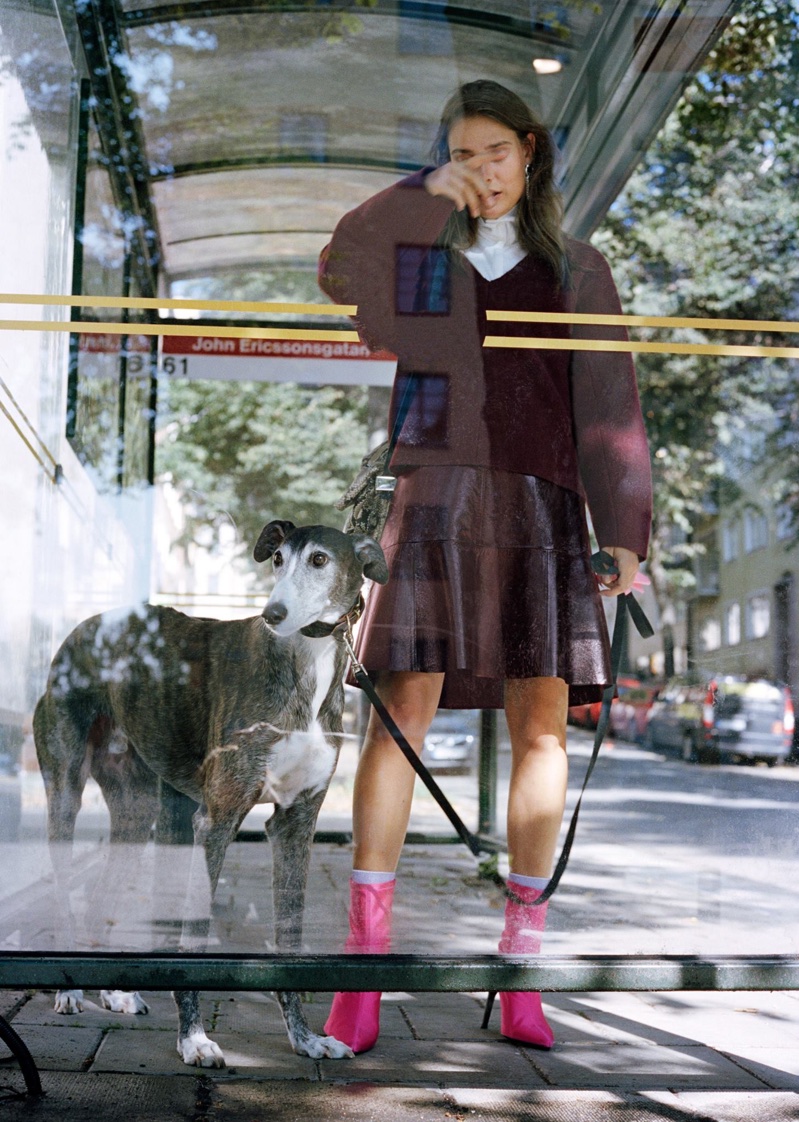 & Other Stories Boiled Wool Jumper, Turtleneck Top, Frill Leather Skirt and Neon Sock Boots