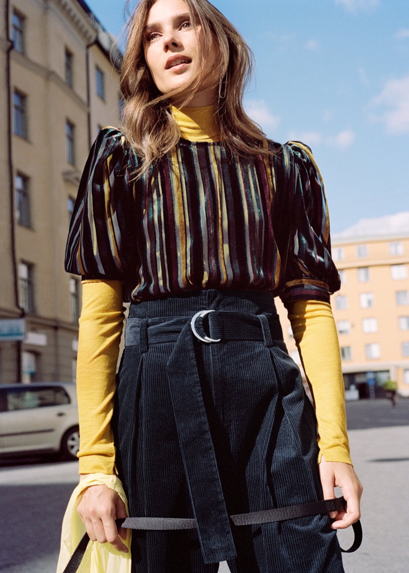 & Other Stories Stripe Velvet Top, Basic Wool Turtleneck and Wide-Leg Trousers