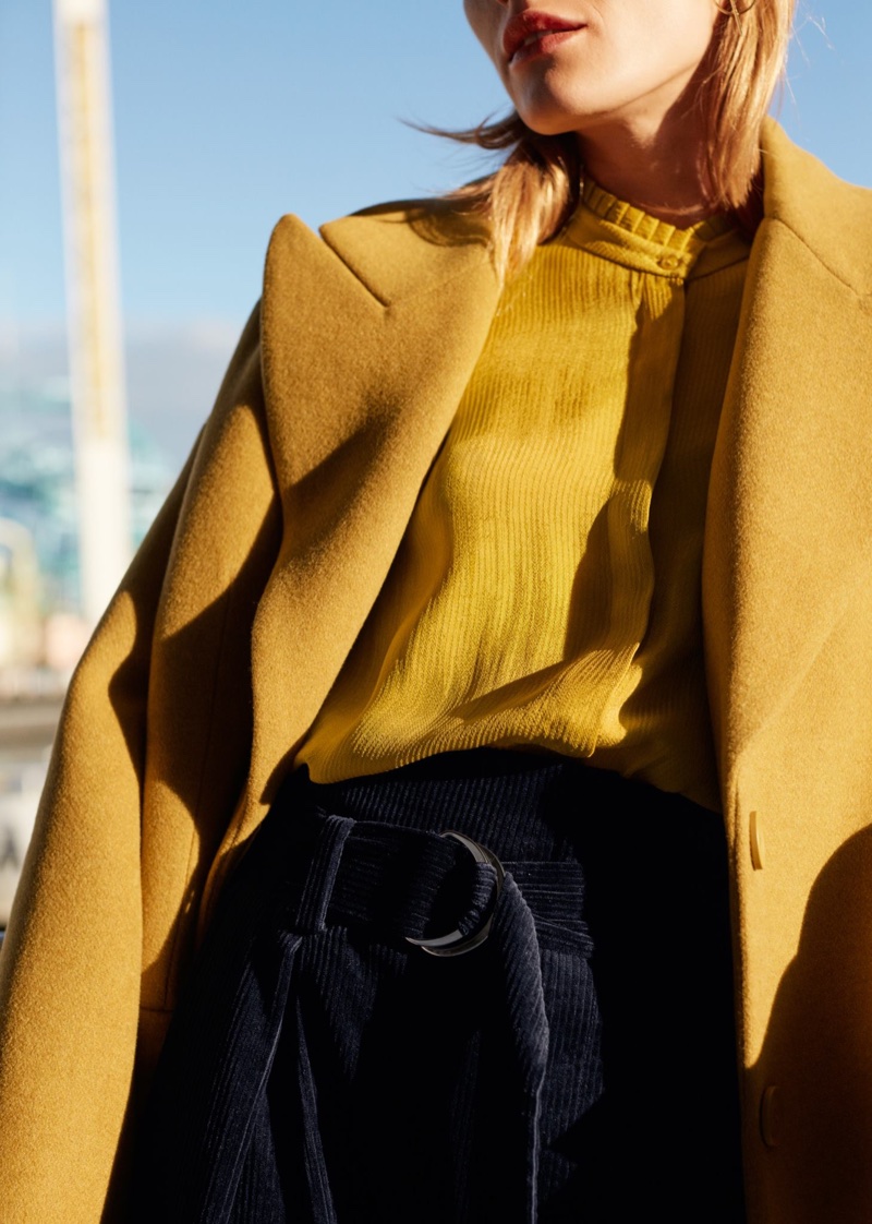 & Other Stories Wool Blend Oversized Coat, Pleat Frill Neck Blouse and Creased Trousers