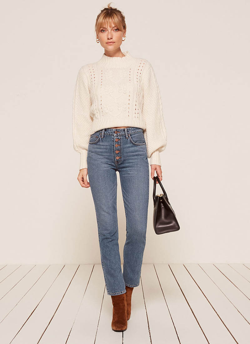 Reformation Winona Mid Slim Jean with Button Fly in Baltic $128