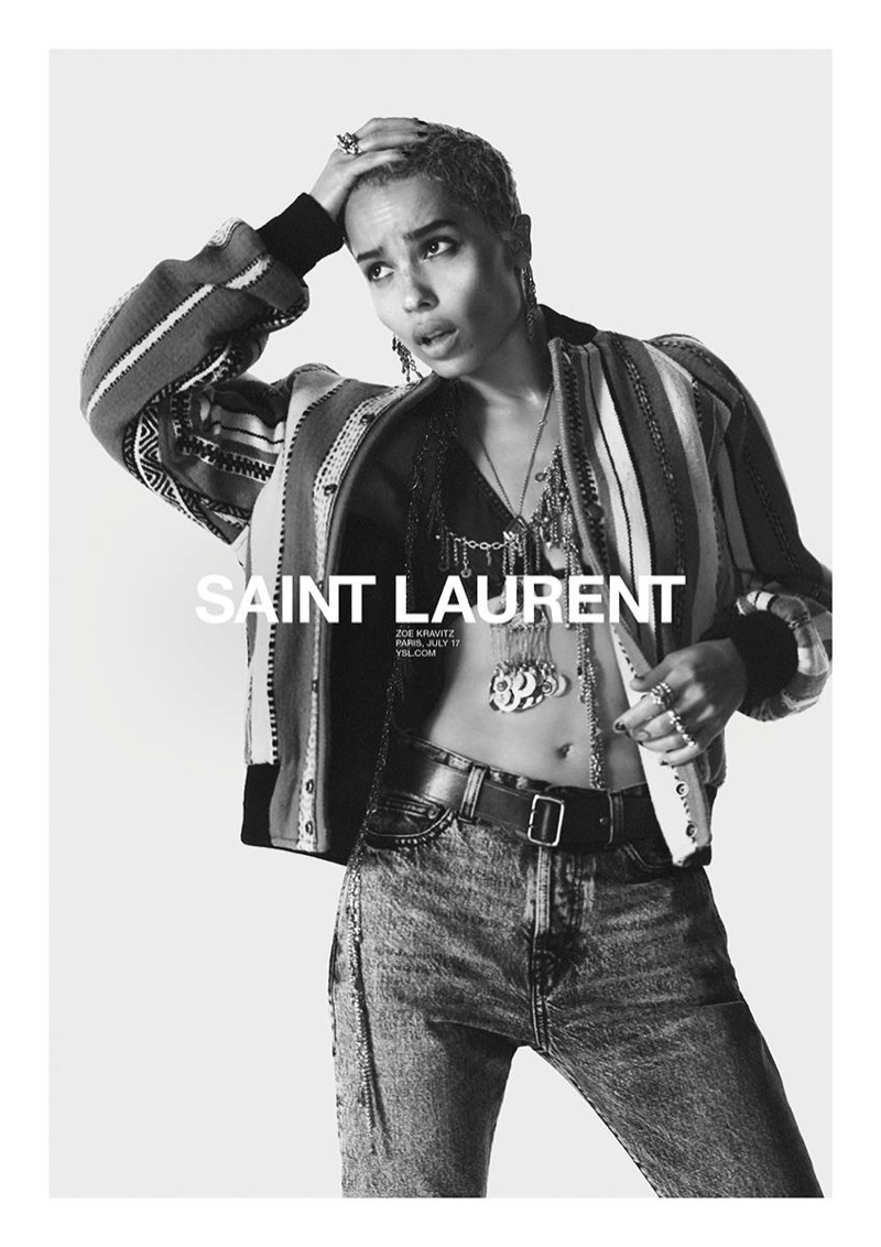 Zoe Kravitz wears striped jacket and denim in Saint Laurent's spring 2018 campaign
