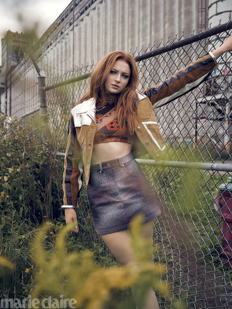 Actress Sophie Turner wears Louis Vuitton cropped jacket and shirt with miniskirt