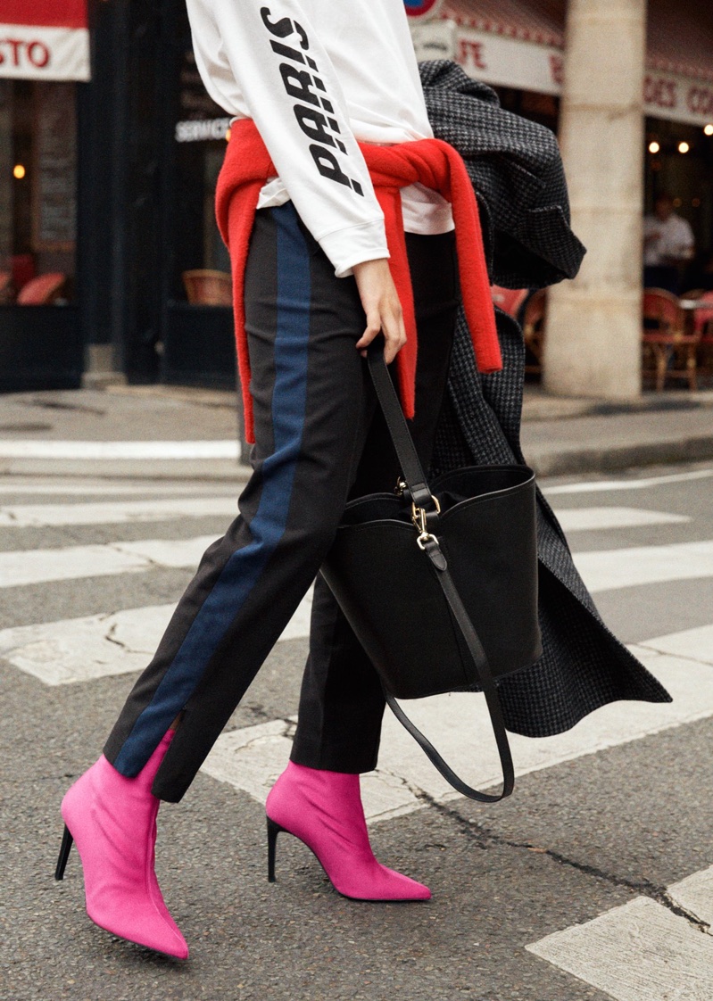 & Other Stories Print Sleeve Sweater, Knit Sweater, Button Side Panel Trousers, Voluminous Coat, Leather Bucket Bag and Neon Sock Boots