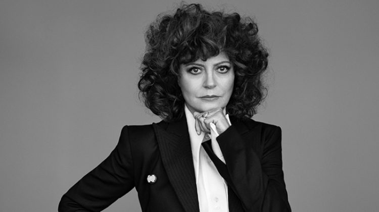 Actress Susan Sarandon poses in Off-White jacket, Ellery blouse and Saint Laurent trousers