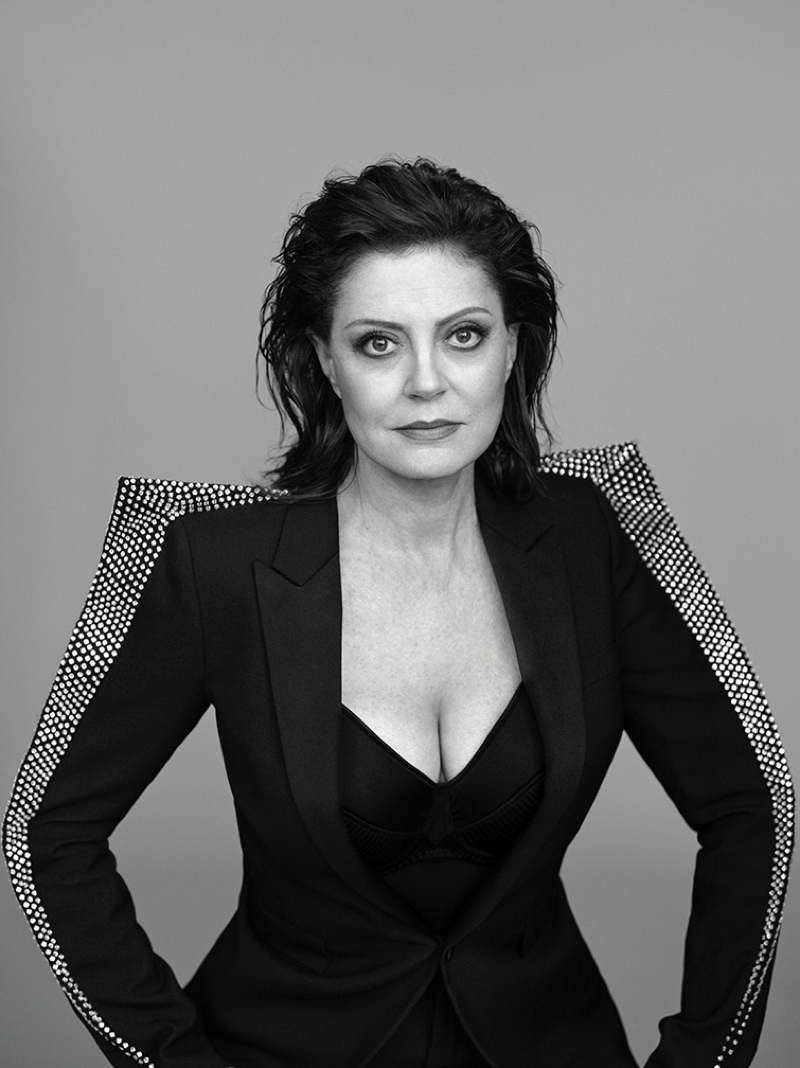 Actress Susan Sarandon poses in Saint Laurent rhinestoned blazer and Fleur du Mal bra