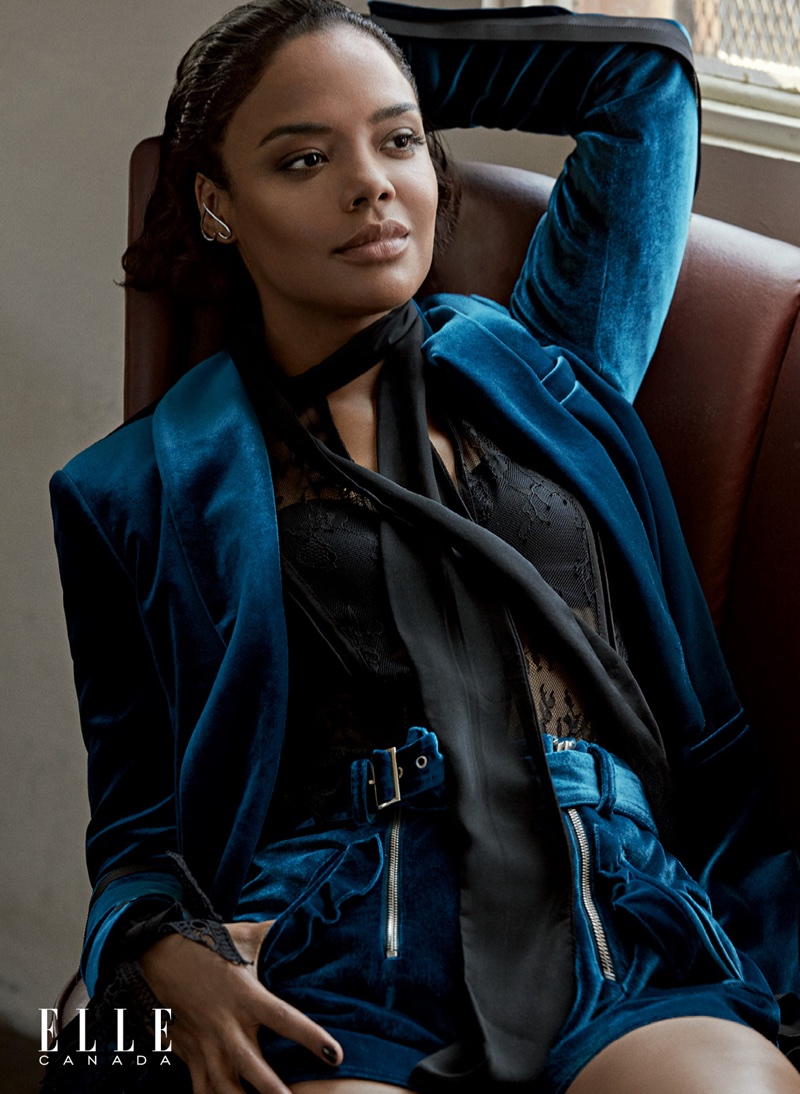 Suiting up, Tessa Thompson wears Self-Portrait blazer and lace top with Jennifer Fisher earring