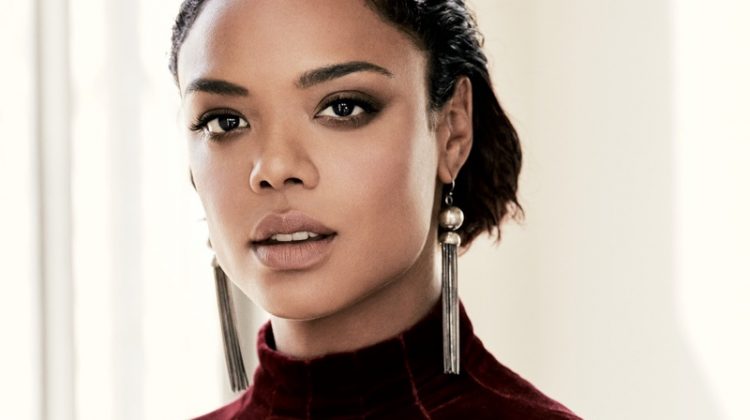 Tessa Thompson poses in Valentino sequined velvet dress and Sophie Buhai earrings