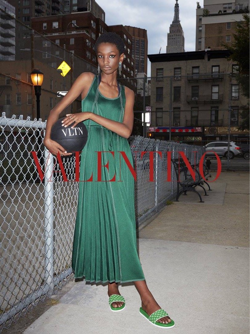 Imari Karanja wears green dress in Valentino's resort 2018 campaign