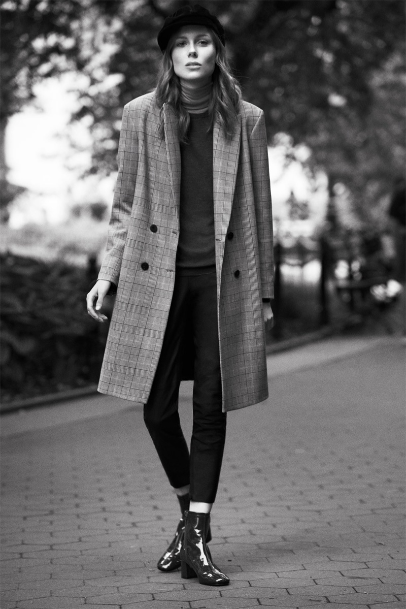 Kiki Willems wears Zara Checked Coat, Faux Suede Leggings and Faux Patent Ankle Boots