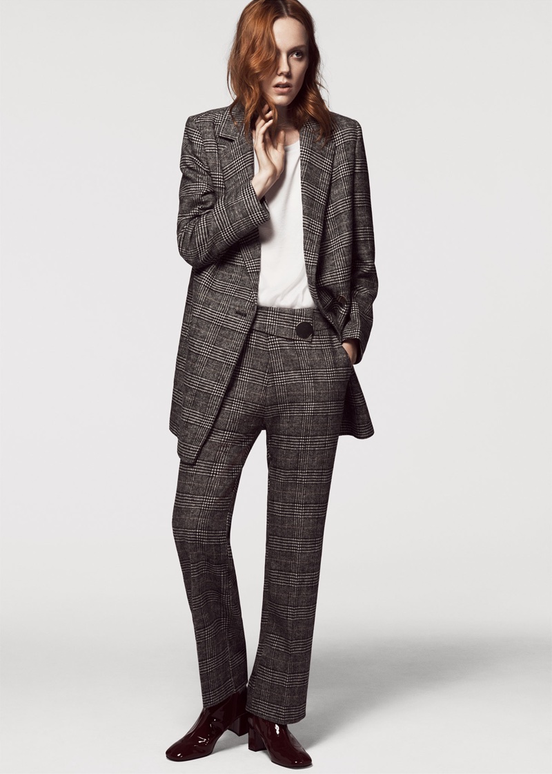 Kiki Willems suits up in Zara Double Breasted Checked Blazer, Poplin Shirt, Checked Trousers and Faux Patent Ankle Boots