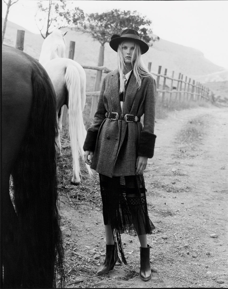 Zara checked coat with textured cuffs, poplin shirt with fringe, long tulle dress, embellished felt hat and ankle boots with thick sole