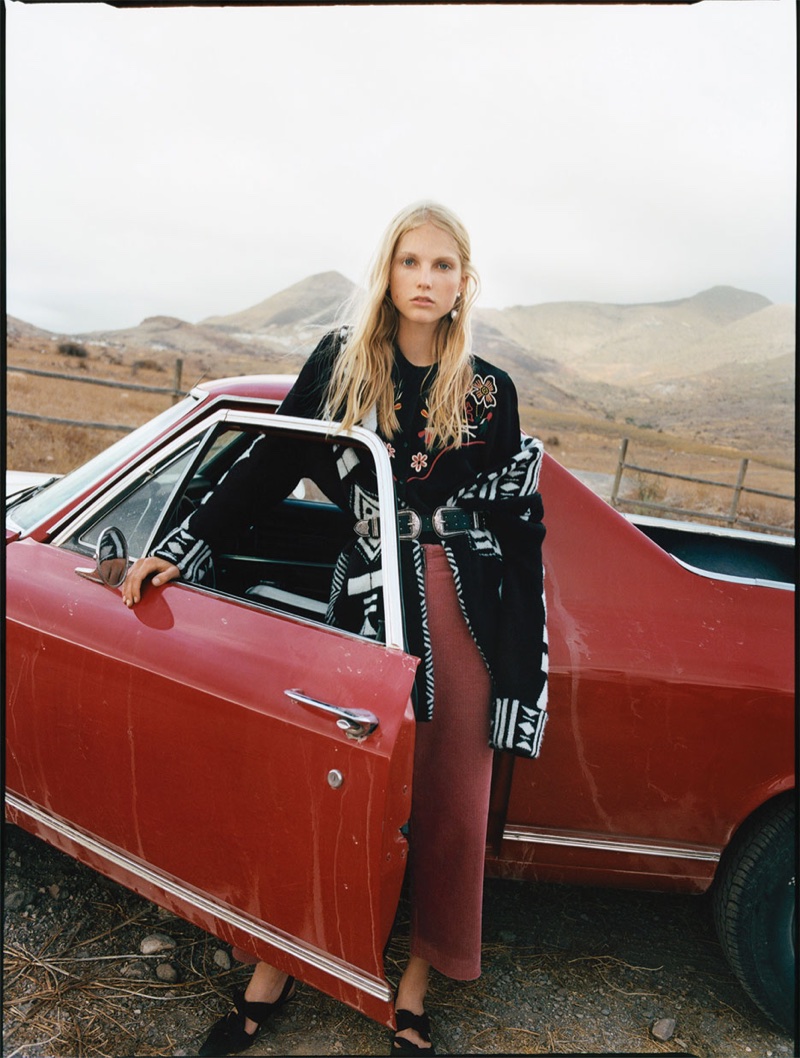 Zara jacquard coat, embroidered shirt, corduroy wide-leg trousers and knotted high heel slingbacks