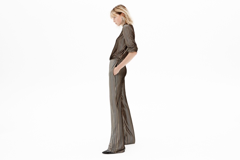 Zara Striped Velvet Top, Striped Velvet Trousers, Faux Patent Ankle Boots and Sparkly Ear Cuff