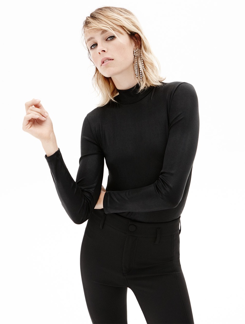 Edie Campbell models Zara Shiny Polo Neck Bodysuit, Trouser Leggings and Sparkly Ear Cuff