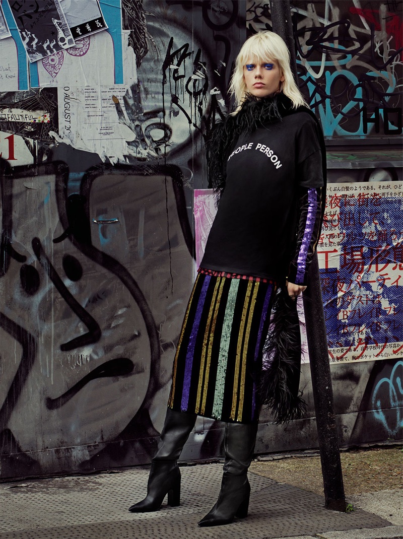 Marjan Zonkman models Zara Slogan T-Shirt, Striped Sequined Dress, T-Shirt with Bow and Over-the-Knee Leather Boots