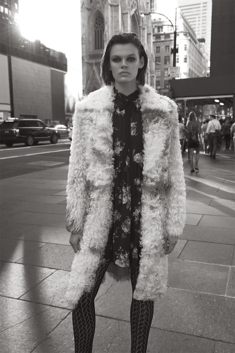 Cara Taylor models Zara faux fur jacket and mini dress with bow