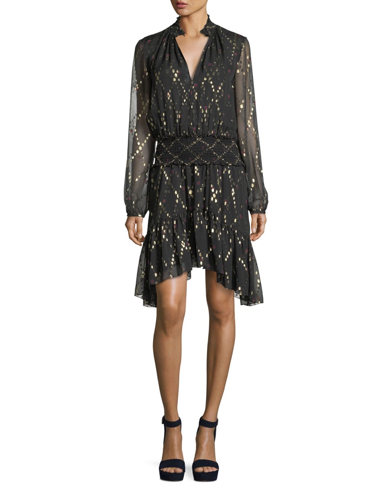 A.L.C. Tula Split-Neck Long Sleeve Silk Metallic Dress $495